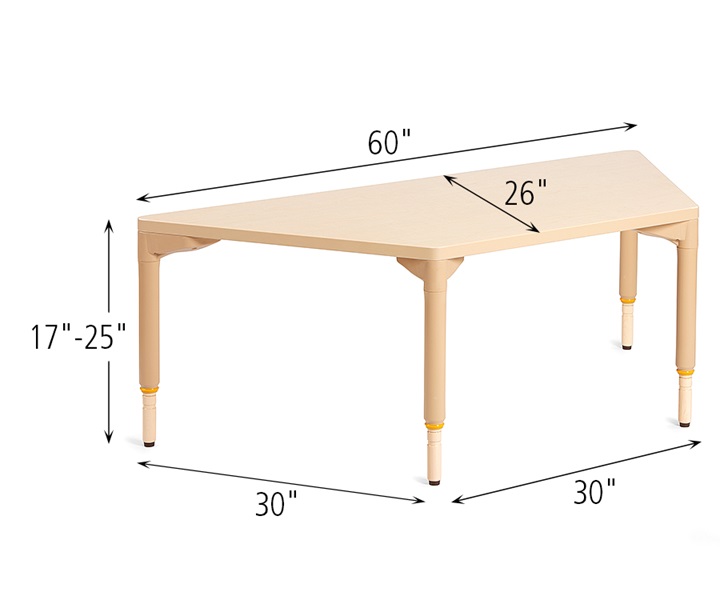 Dimensions of A851 Classroom Trapezoidal Table with A934 Adjustable Leg for Table, Medium, 4pack