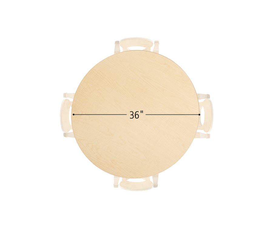 Overhead view of a 36-inch round Multitable with four chairs tucked underneath.