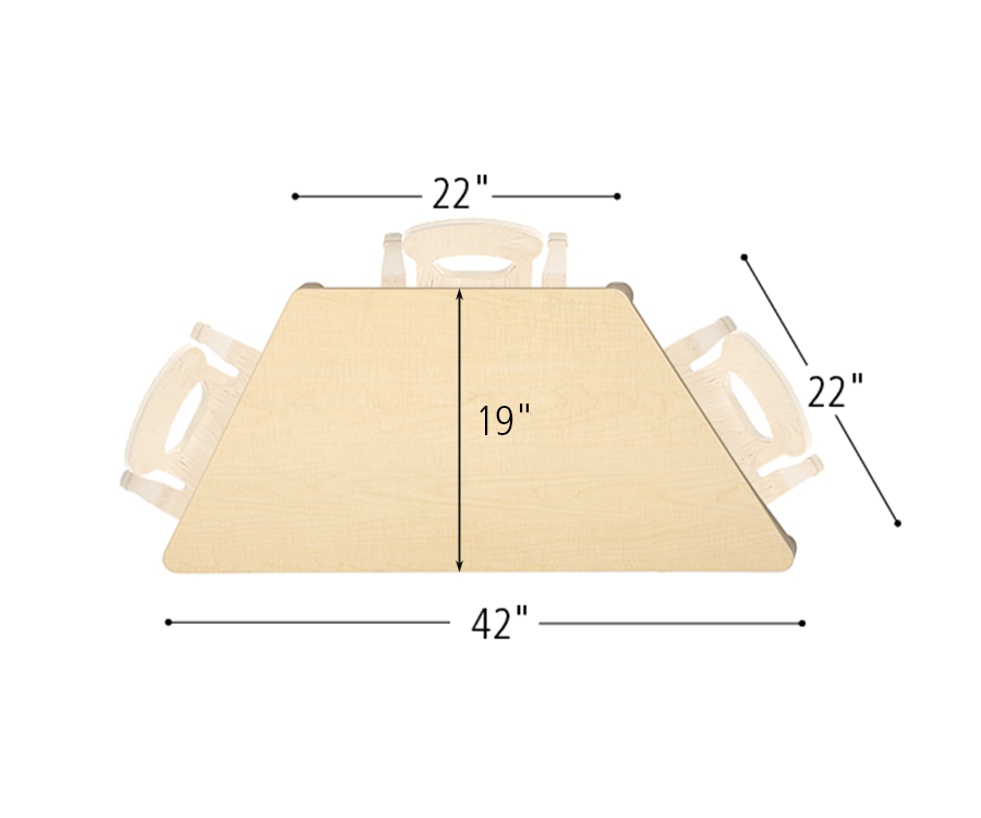 Overhead view of a light wood trapezoidal table with dimensions 42 inches by 19 inches by 22 inches.