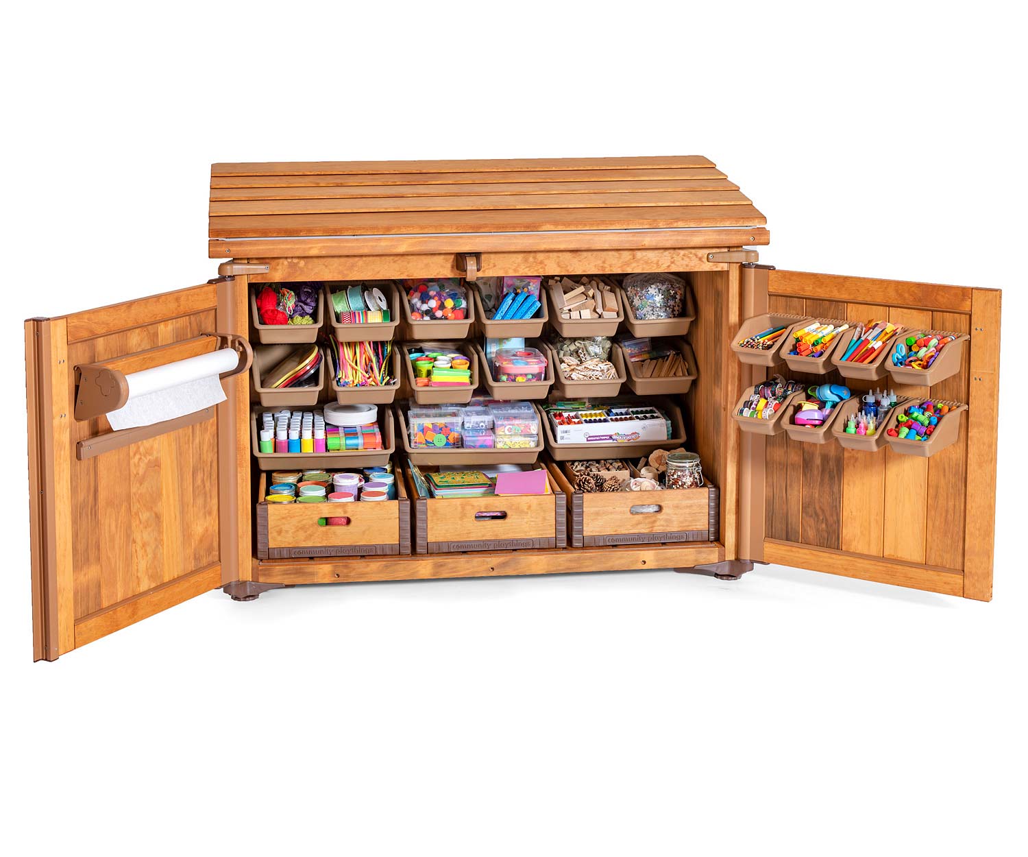 Art shed filled with art supplies door open