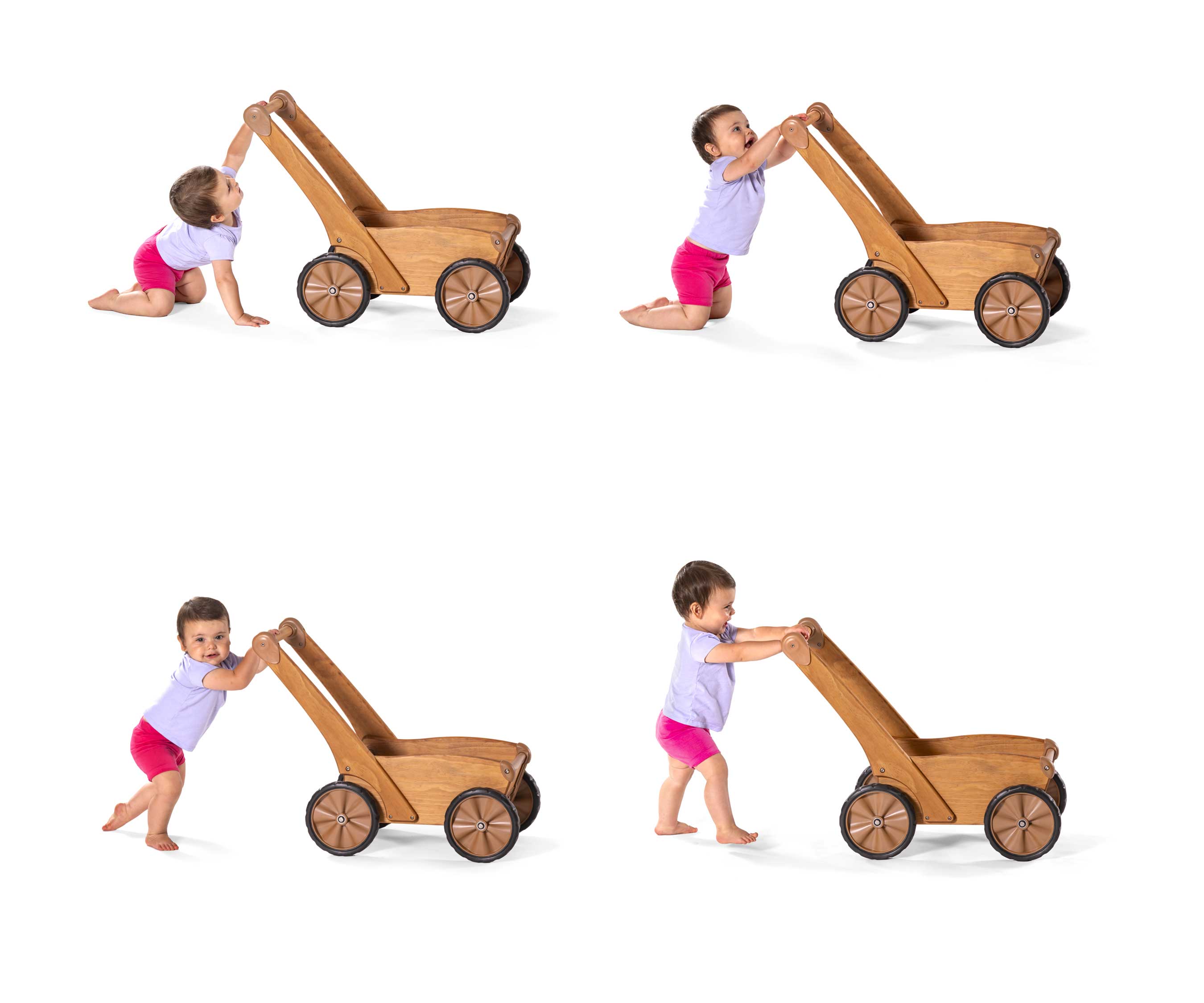 Four image sequence of young toddler crawling, reaching, pulling to a stand, then walking with Outlast Push wagon