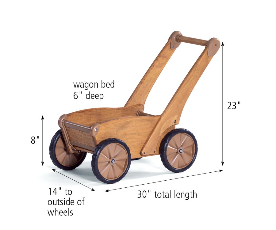 Dimensions of Push wagon: Handle height 23", total length 30", width 14", bed height 8"