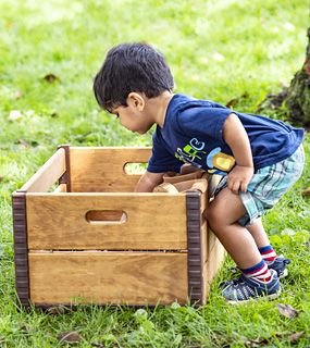 a boy reaching into a crate