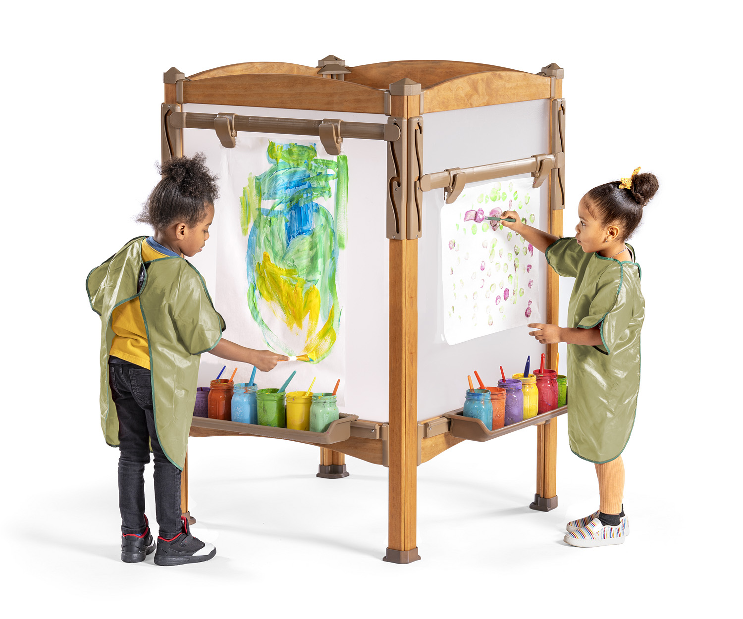 preschool kids painting on outdoor easel, white background