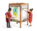 preschool kids painting on outdoor easel, white background