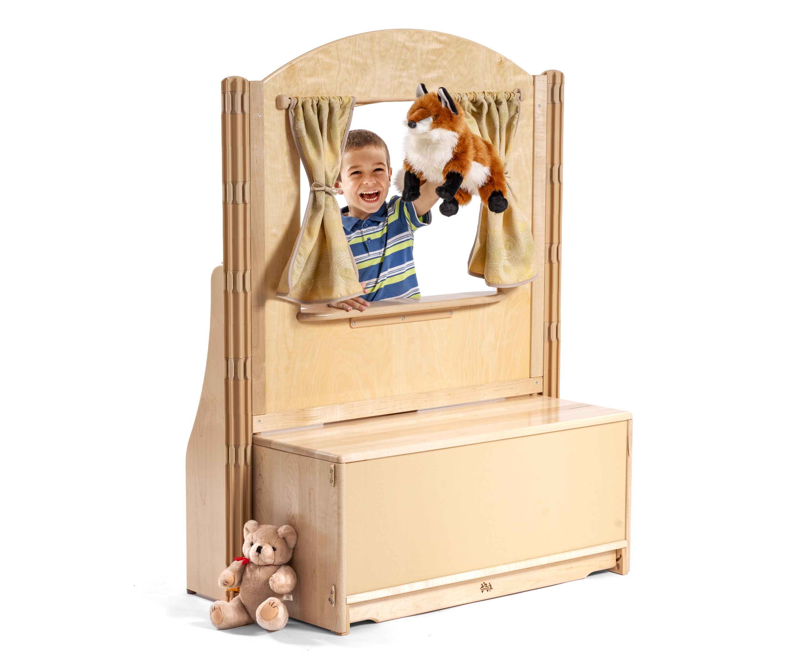 Little boy playing with a Puppet Theater