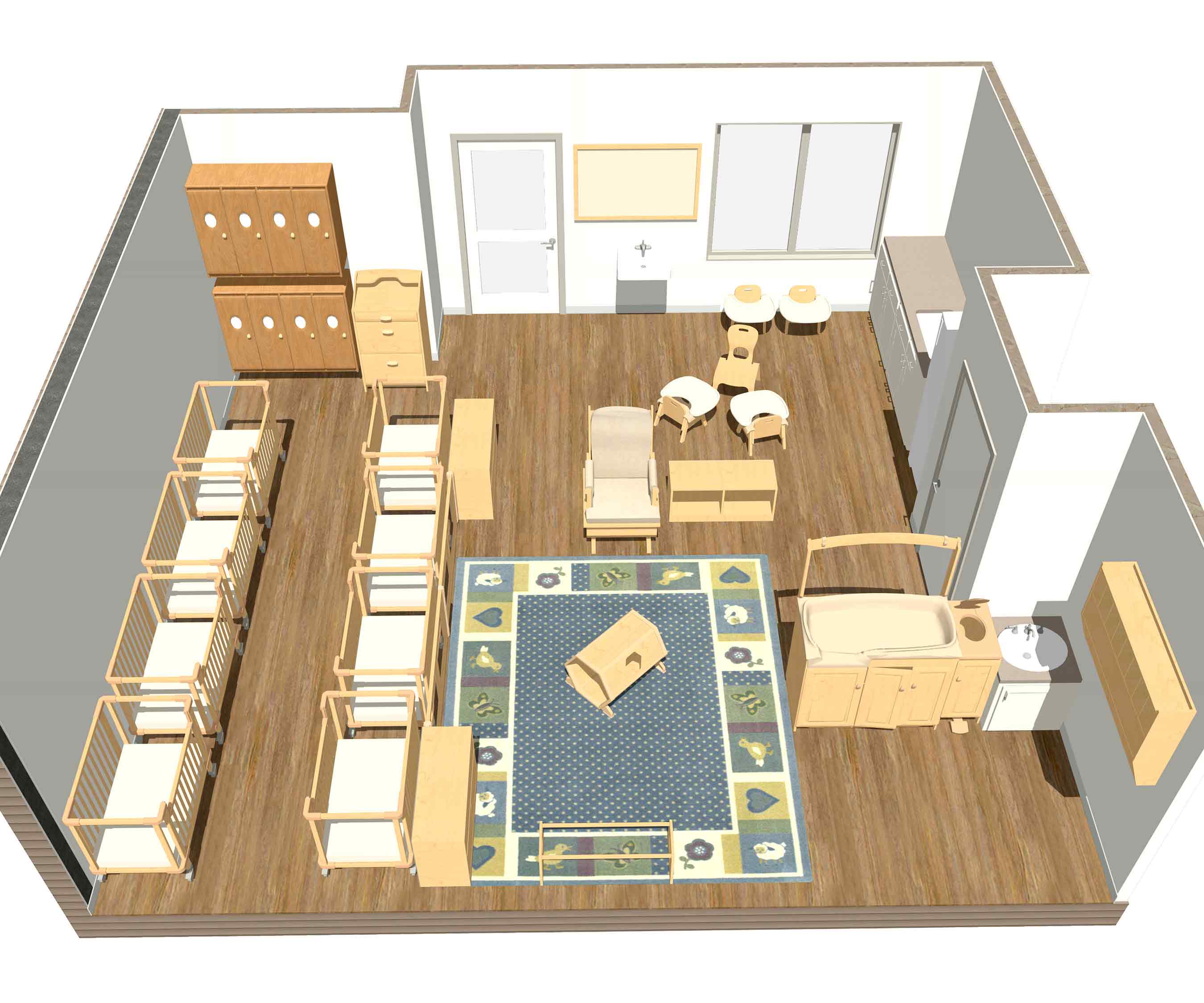 3D rendering of the sample Goddard infant classroom furniture layout