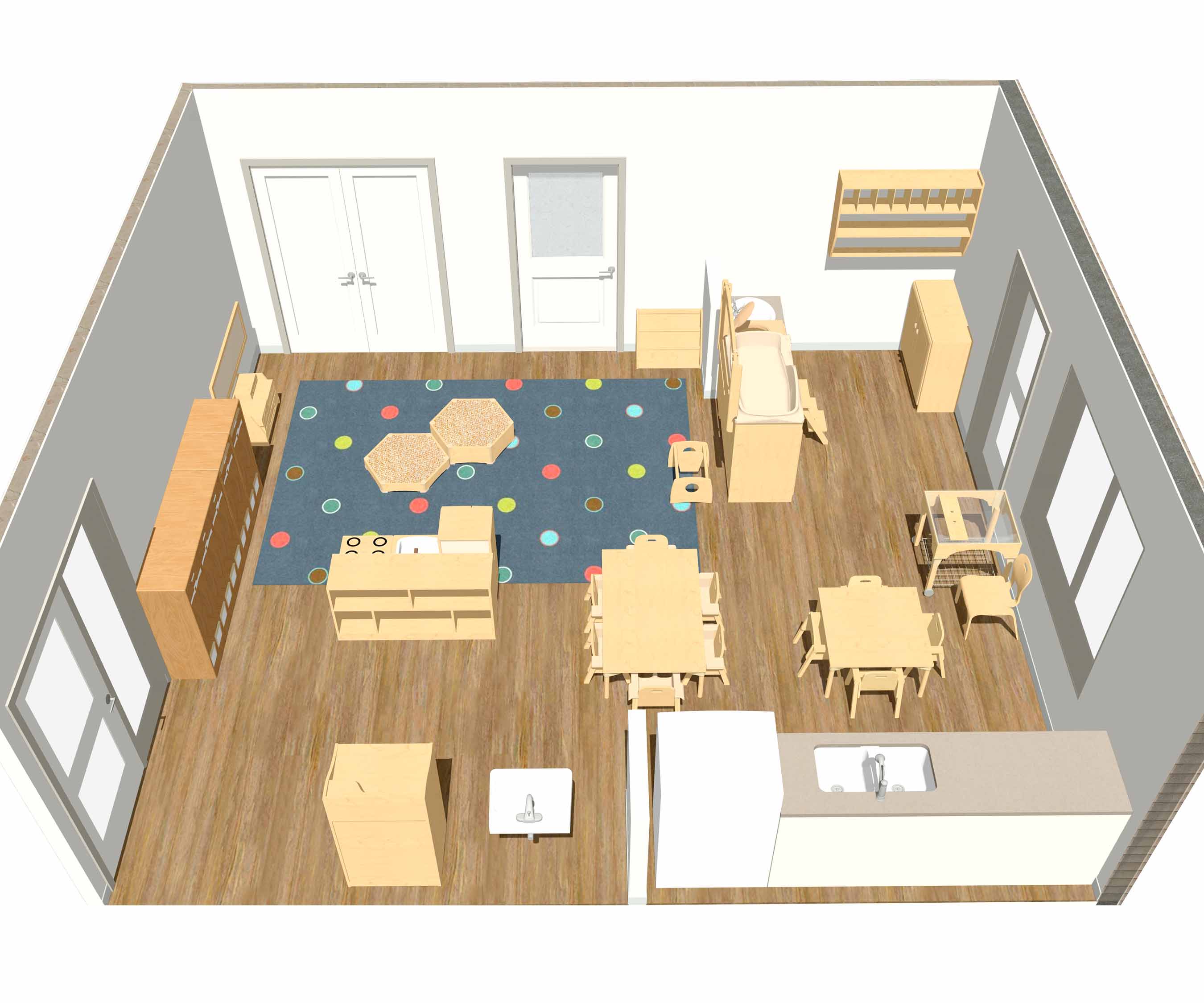 3D rendering of the Goddard toddler classroom furniture layout